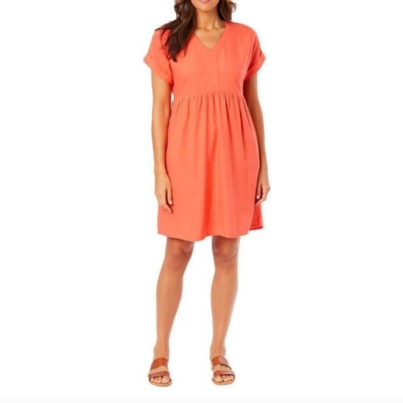 NWT Briggs New York Coral Linen Dress Small V-neck Short Sleeved - Picture 1 of 16